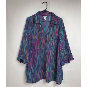 Maggie Barnes for Catherines Womens 2X 22 24W Navy Multi Stripe Button Up Shirt